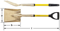 Horizontal image of a yellow-handled, short black D-grip handled shovel with a square point blade from two different angles. The first angle is a side view, and the second one is a top view.  AMPCO is written on the yellow handle, just above the blade nec